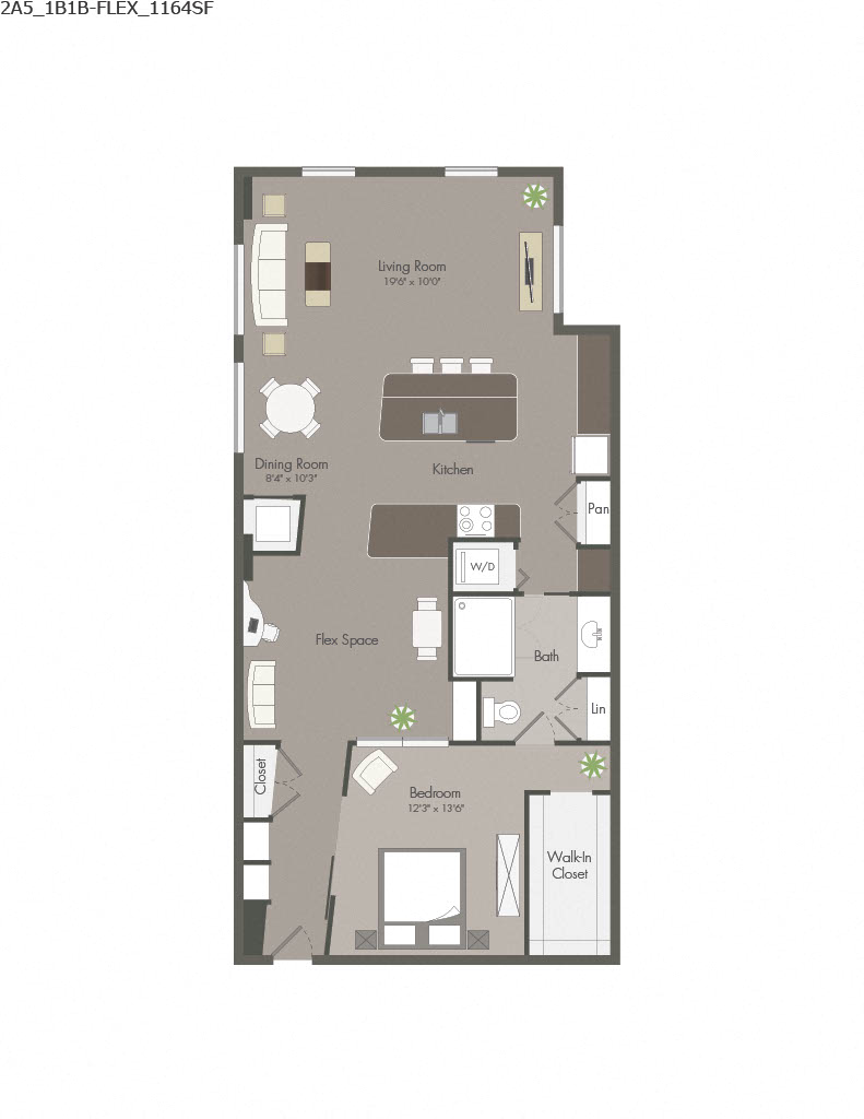Floor plan for 1 bed, 1 bath, 1164 sqft